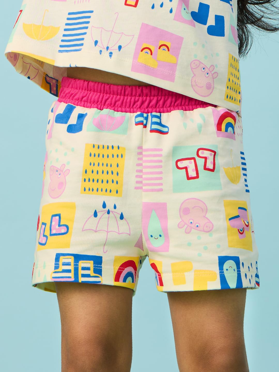 The Souled Store Official Peppa: Rainbow Splash Girls Elasticated Multicolor All Over Printed Cotton Shorts
