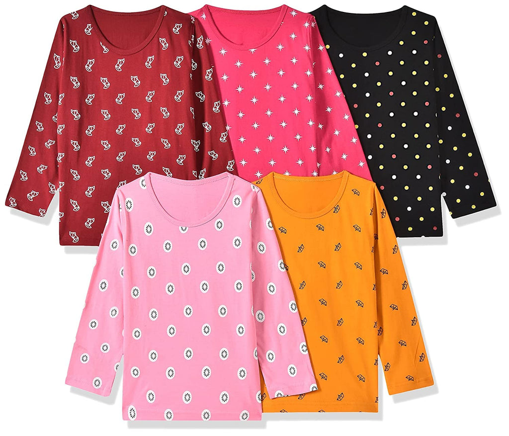 T2F Girls Cotton Printed Regular Fit Full Sleeve T-Shirt(Pack of 5), Assorted, 2-3 Years