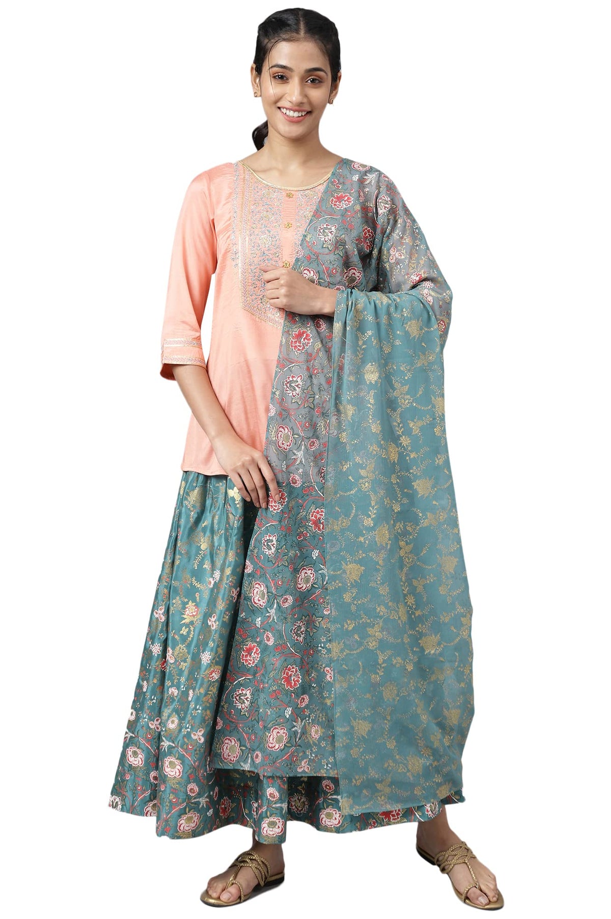 Aurelia WomenS Liva Peach Embroidered Top With Green Skirt And Dupatta_22Aud10486-604496_Xxl