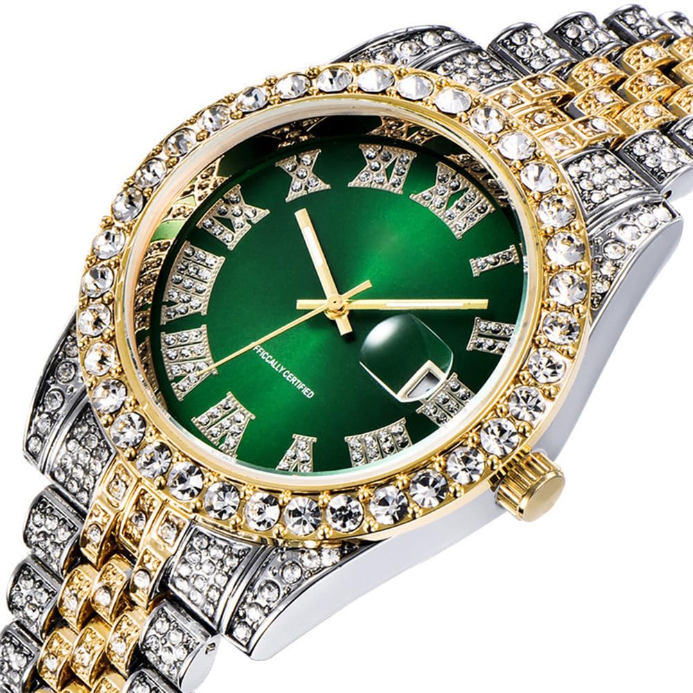 Hip Hop Watches for Men Iced-Out Bling Diamond Luxury Quartz Watches with Date (Green)
