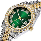 Hip Hop Watches for Men Iced-Out Bling Diamond Luxury Quartz Watches with Date (Green)