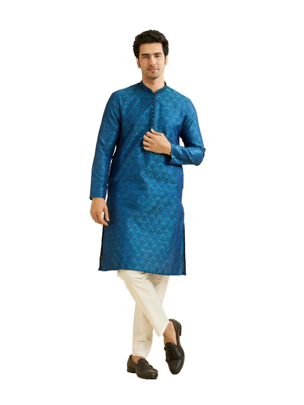 Manyavar Elegant Embroidered Knee Long Full Sleeves Kurta Pyjama Set For Men - (Blue, Xx-Large)