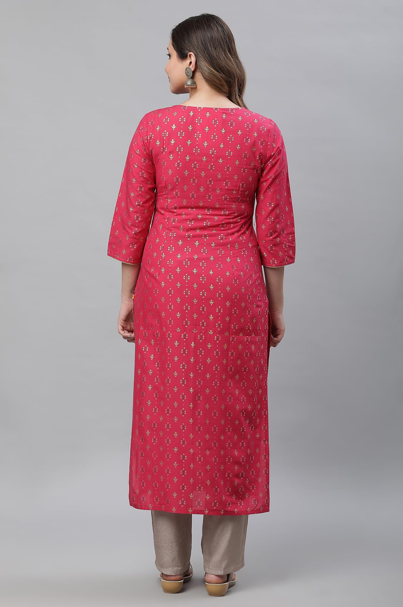Aurelia Pink Geometric Printed Printed Cotton Straight Long Kurta With Lace
