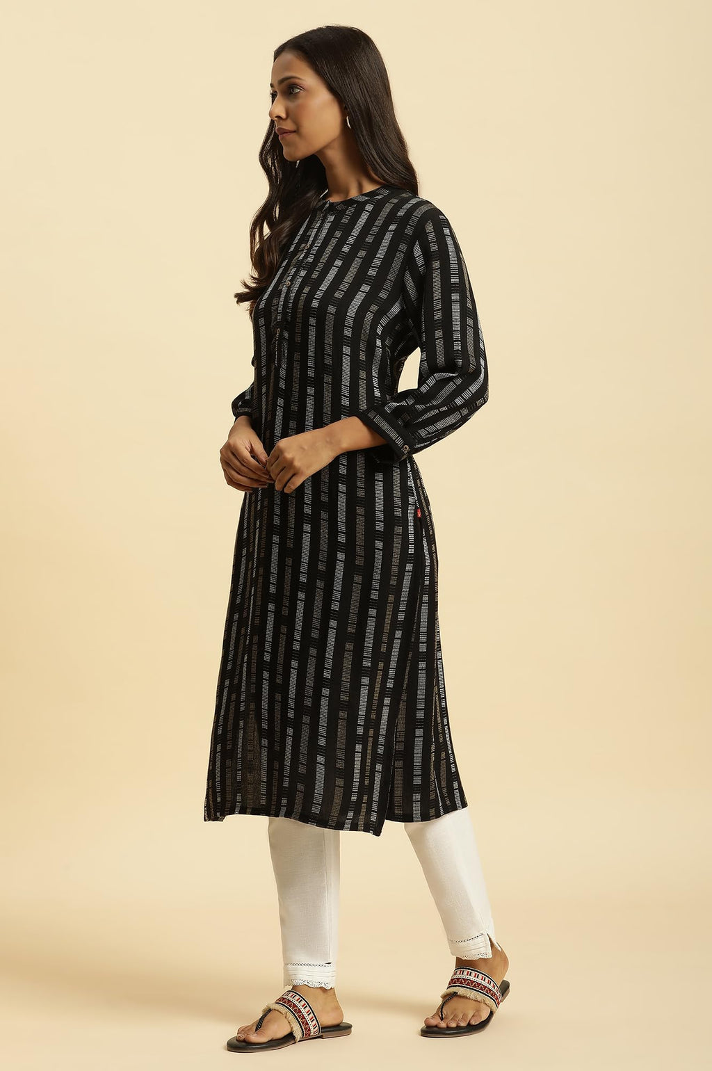 W Black Geometric Printed Straight Long Rayon Kurta For Women