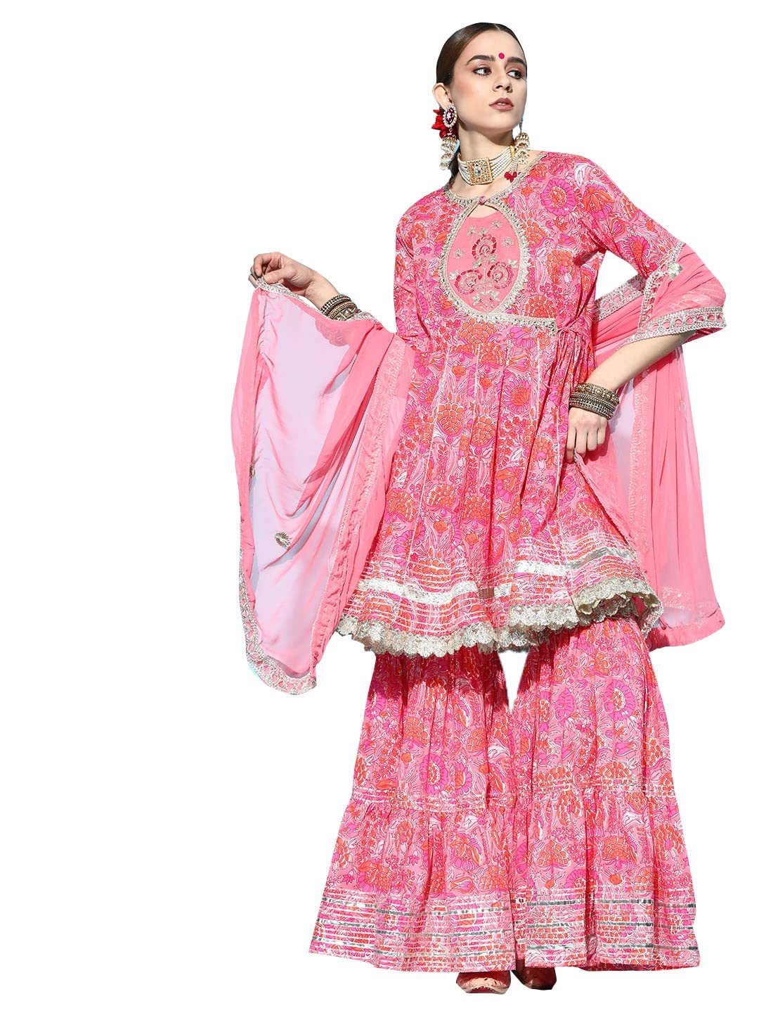 ishin Womens Cotton Anarkali Embroidered Gotta Patti Kurta suit set With Dupatta & Sharara Kpldyt-20012_XXL_Pink