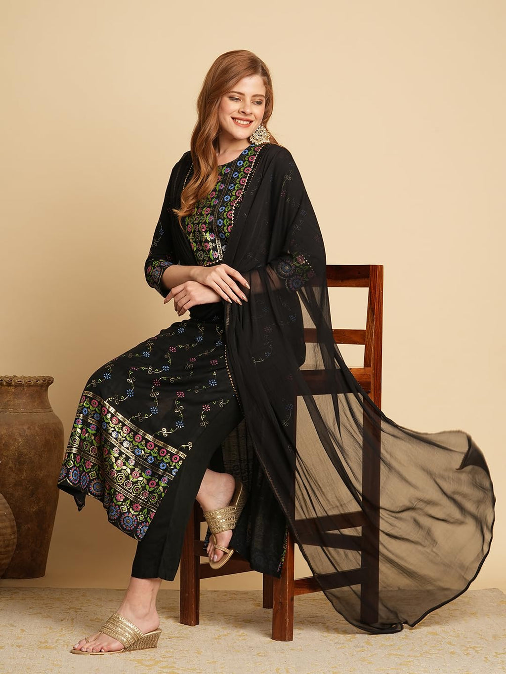 ANNI DESIGNER Ladies Cotton Blend Kurta Trousers with Dupatta Set, Black, S
