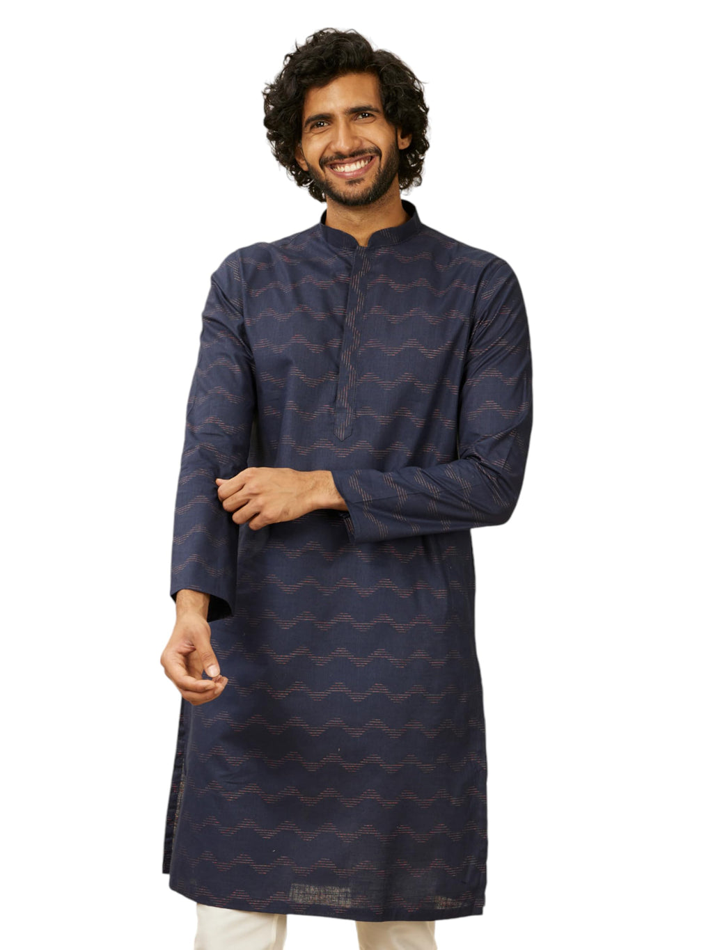 Manyavar Mens Kurta Only, Ethnic Kurta for Men, Full Sleeves Mandarin Collar Wave Blended Cotton Kurta Only (Blue) (3XL)