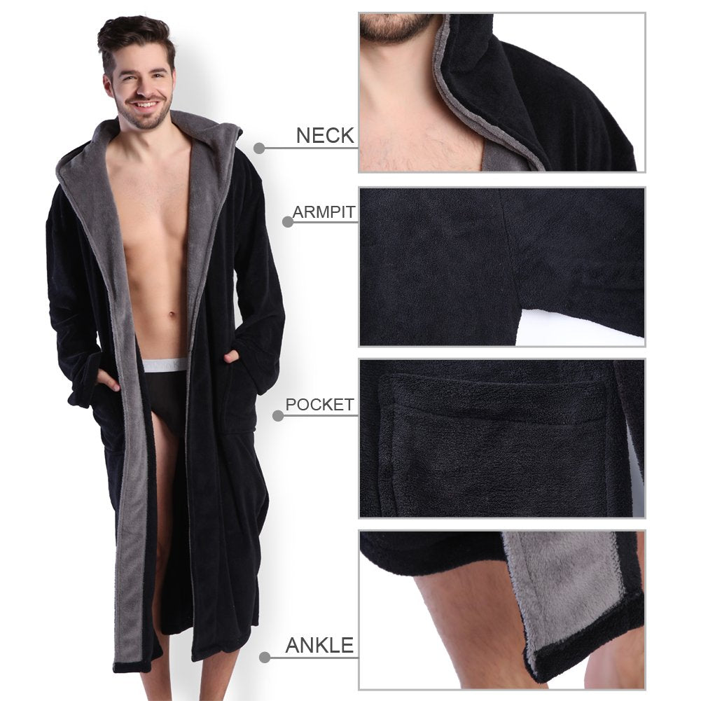 KEMUSI Hooded Herringbone Men's Black Soft Spa Full Lenght Bathrobe With Grey Kimono Shawl Collar(XL)