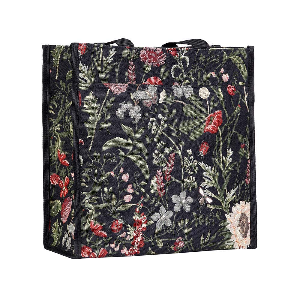 Black Floral Shoulder Tote Shopping Bag By Signare With Sunflower Poppy Dragonfly Butterfly (ShopMgdbk) 12.21