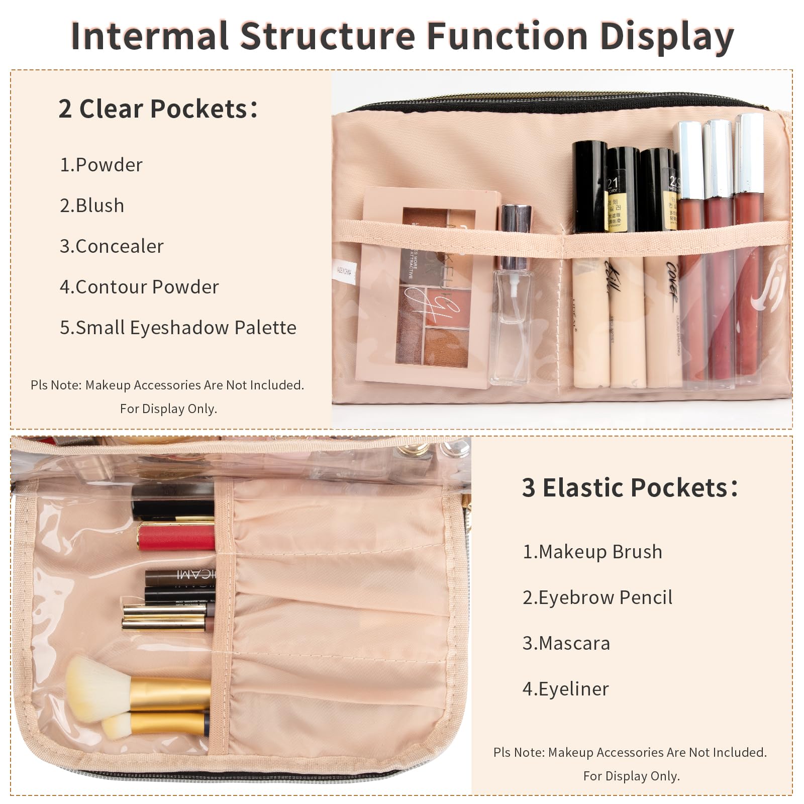 CUBETASTIC Makeup Bag, Small Cosmetic Bag with Makeup Brush Comparment, 2 in 1 Cute Make Up Organizer Pouch for Women Girls, Por