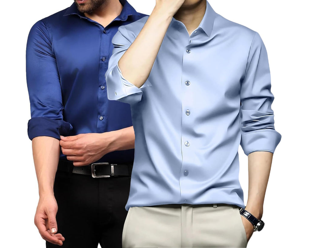 Deelmo Combo Of MenS Stylish Solid Satin Casual Shirt For Men Full Sleeves| Poly Satin Silk Shirt Pack Of 2