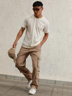 Hubberholme Men Taupe Cotton Loose Fit Mid-Rise Casual Trousers