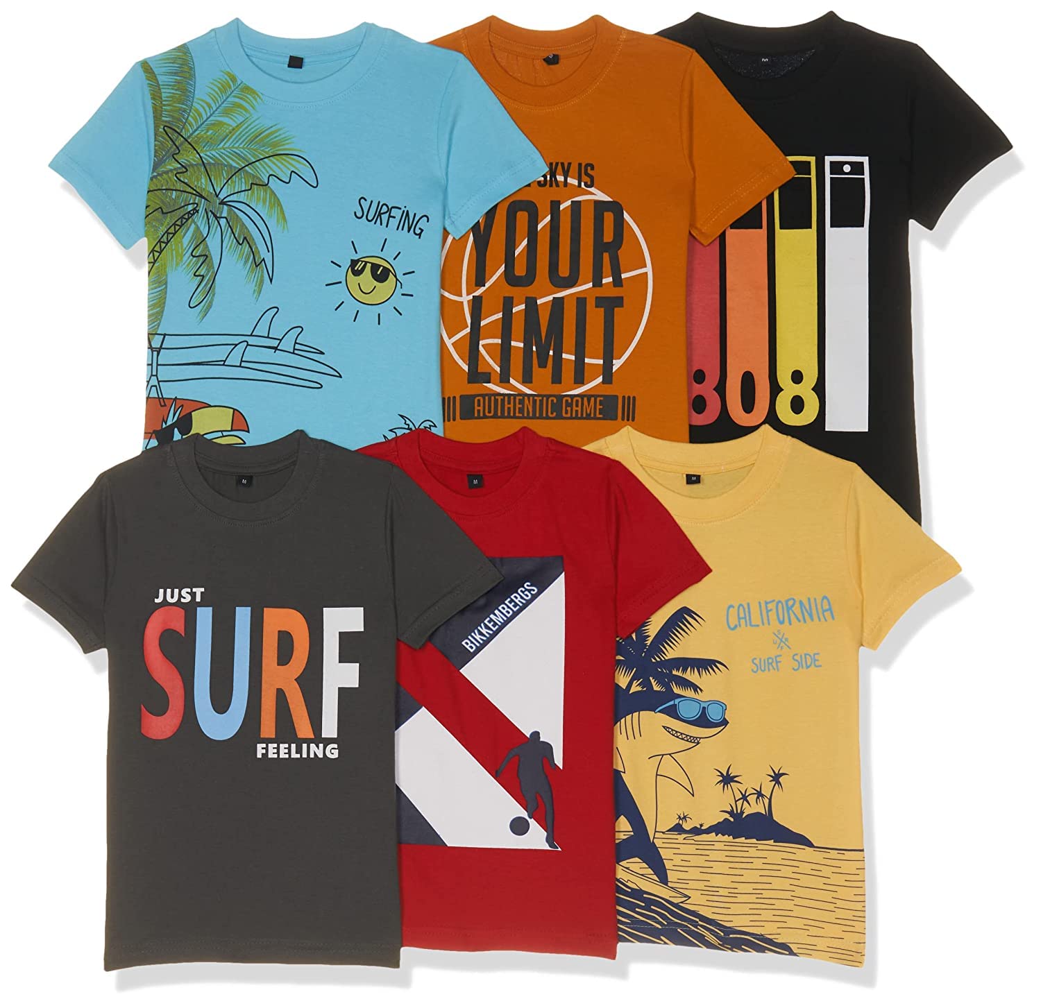 T2F Boys Cotton Printed Regular Fit T-Shirt (Pack of 6)