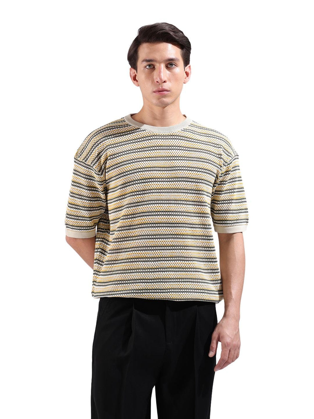The Indian Garage Co Mens Oversized Textured Flatknit Half Sleeves Crew Neck Sweater