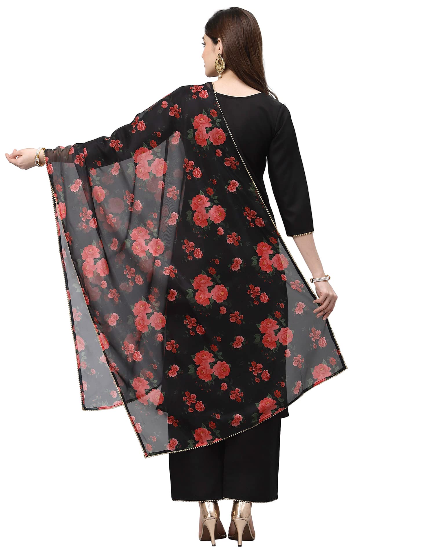 Sanisa Organza Women'S Hira Slub/Orgenza Digital Straight Kurta Set With Dupatta (4Kbdn135-Xl_Black)