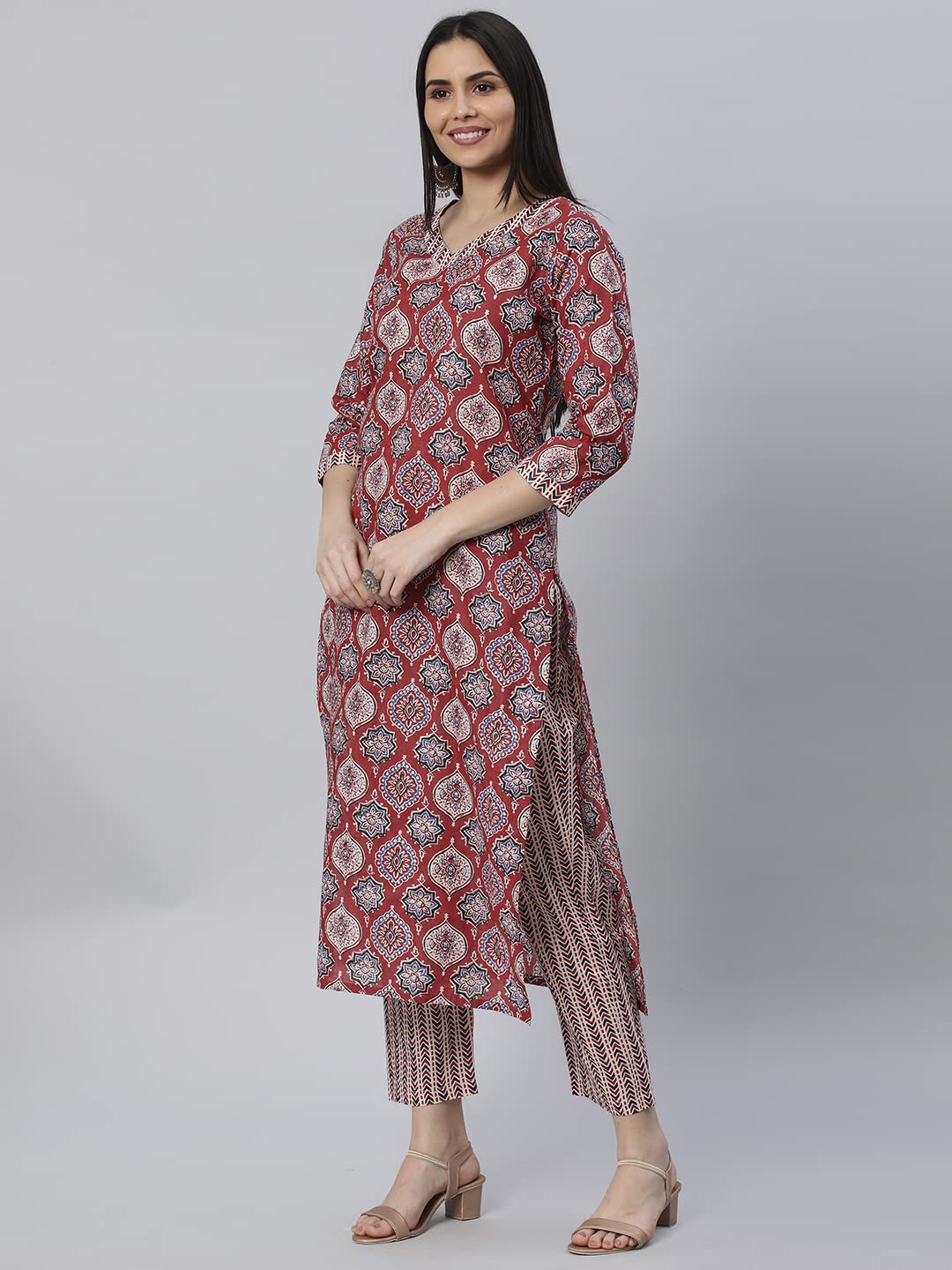 ANNI DESIGNER Womens Cotton Blend Straight Printed Kurta with Pant (Priyani Red-Nw6_S_Red_Small)