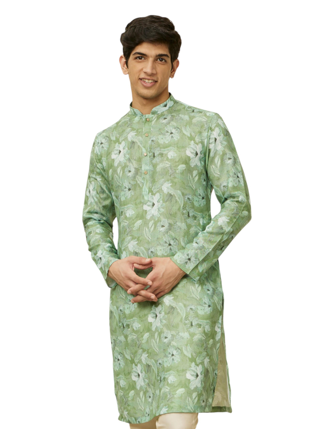 Manyavar Mens Sage Green Floral Printed Kurta (M)