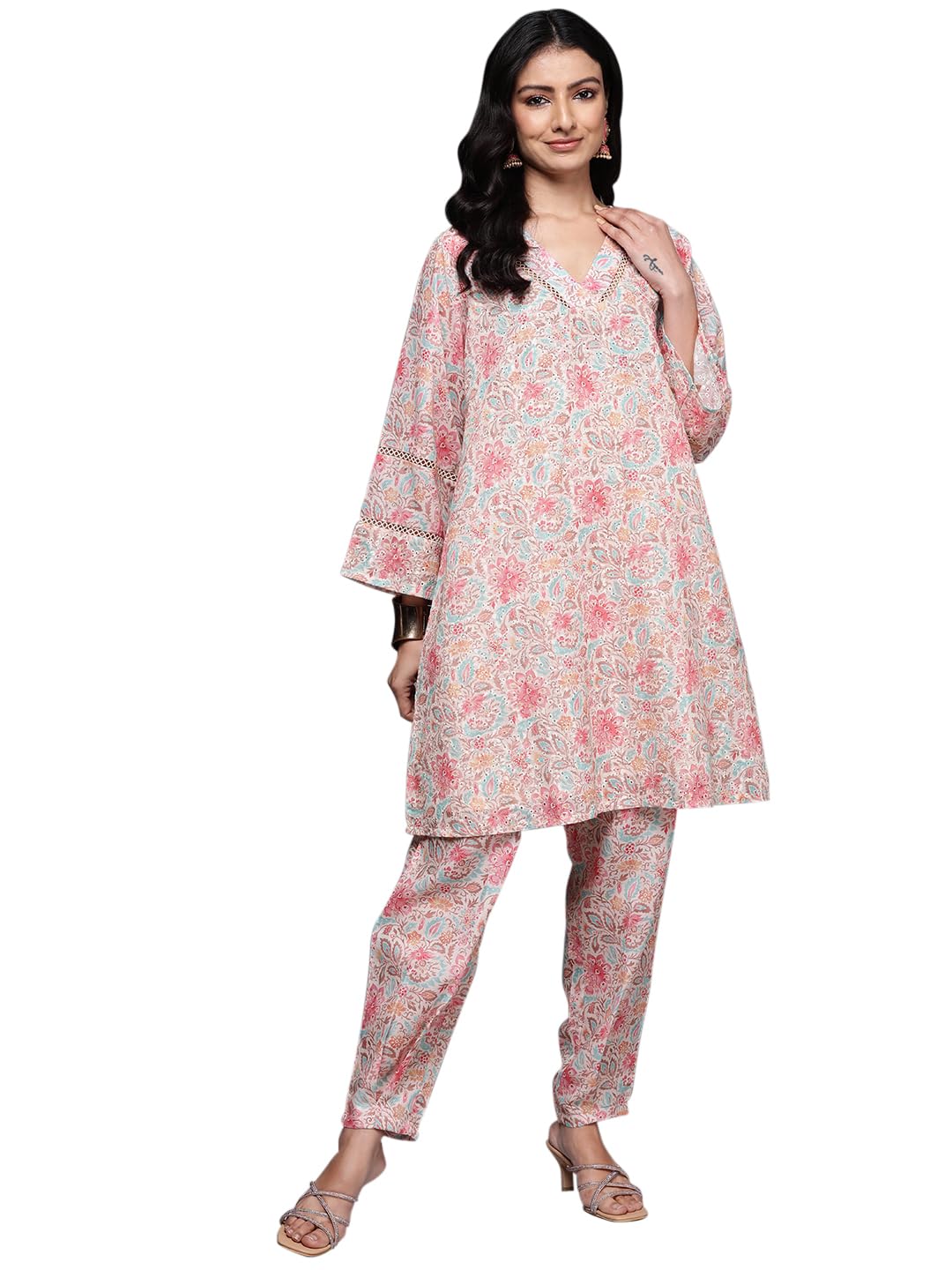 Libas Women Cotton Beige Printed Straight Kurta Set With Trousers, Xs