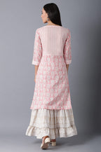 W For Woman Light Pink Floral Printed Cotton Regular Kurta with Sequins