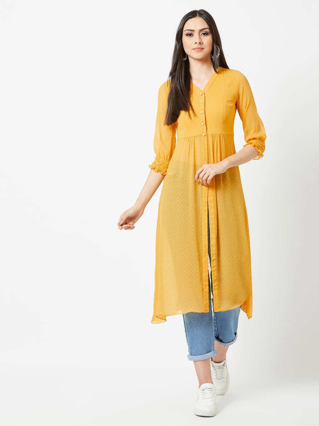 Miss Chase WomenS Mustard Yellow V-Neck 3/4 Sleeves Solid Empire Maxi Top