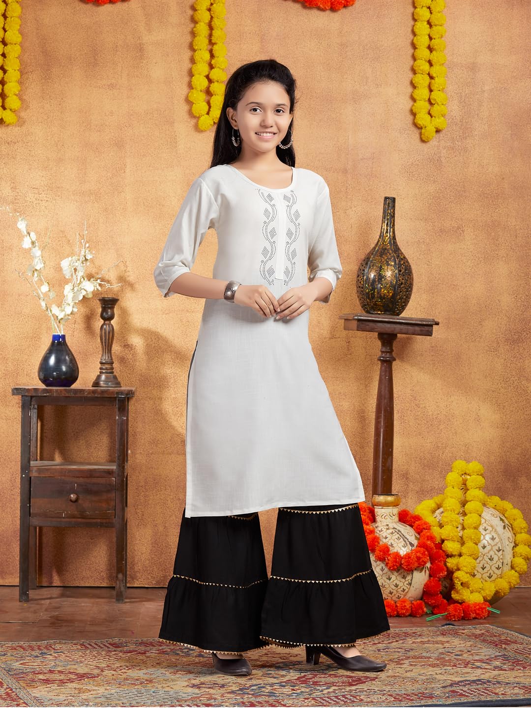 Aarika Girls Casual Wear White Colour Embellished Cotton Kurti (9-16 Years)