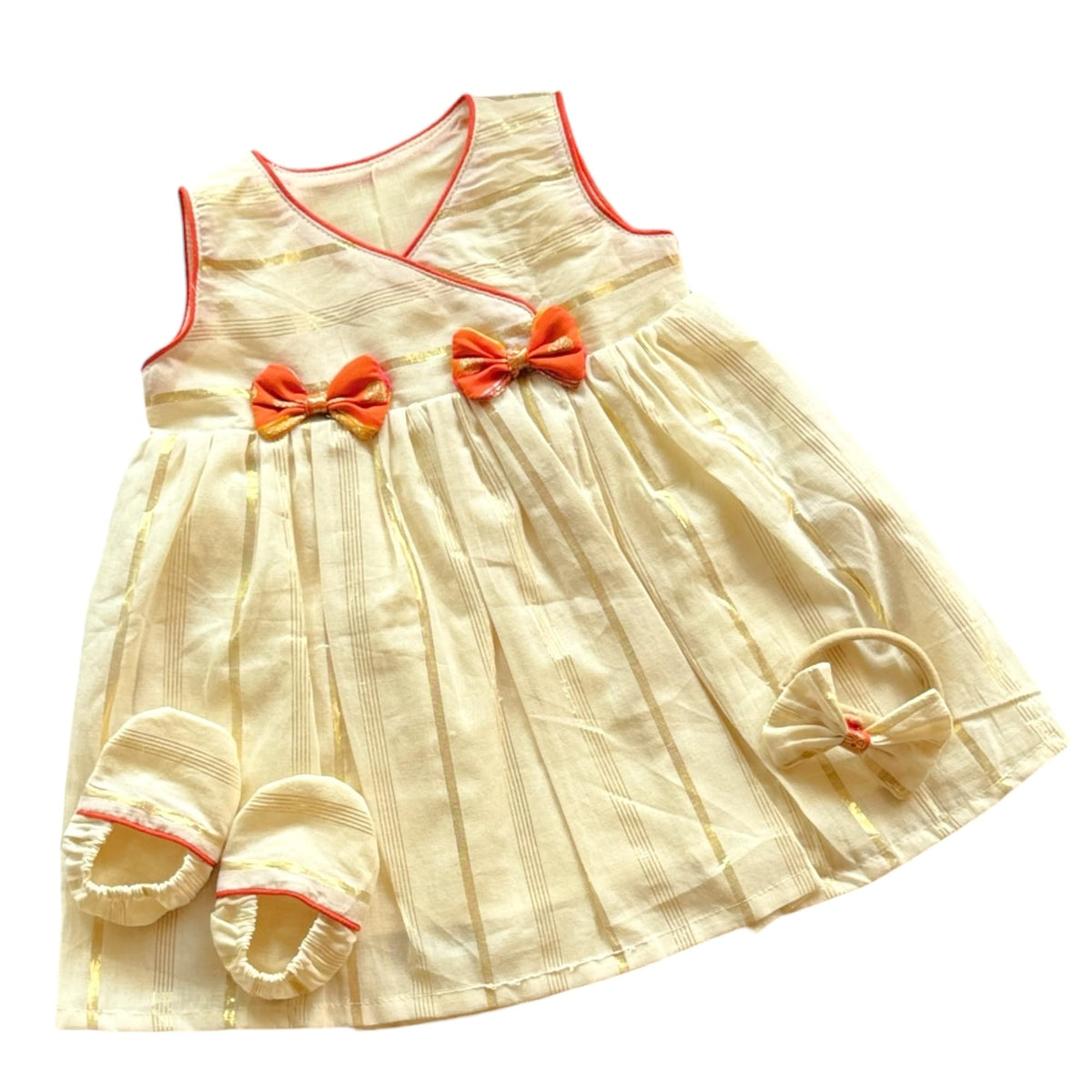 Picksparrow Baby Girl Traditional Wrap Dress with Snap Button, Bow Detailing, Headband and Booties Set, Off White, Sleeveless (i 0-3