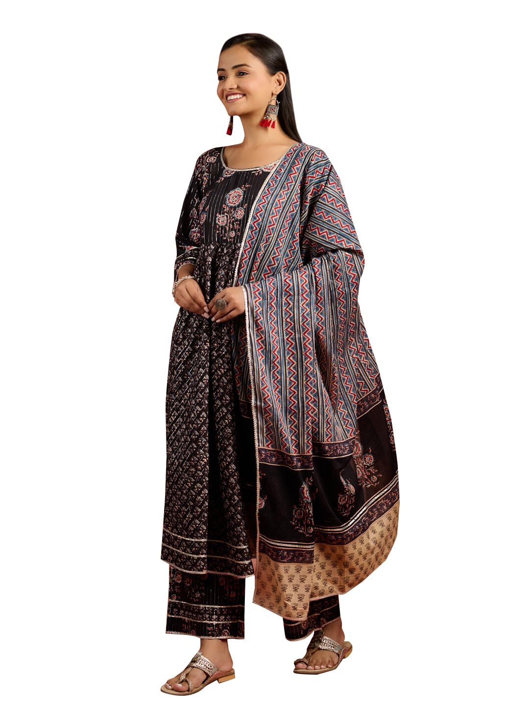 Libas Black Printed Cotton Anarkali Kurta With Palazzos & Dupatta