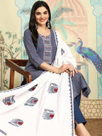 Ajrakh Inspired Printed Cotton Kurta And Pant With Hand Applique Dupatta | Kurta Set For Women | Kurta With Trousers And Dupatta