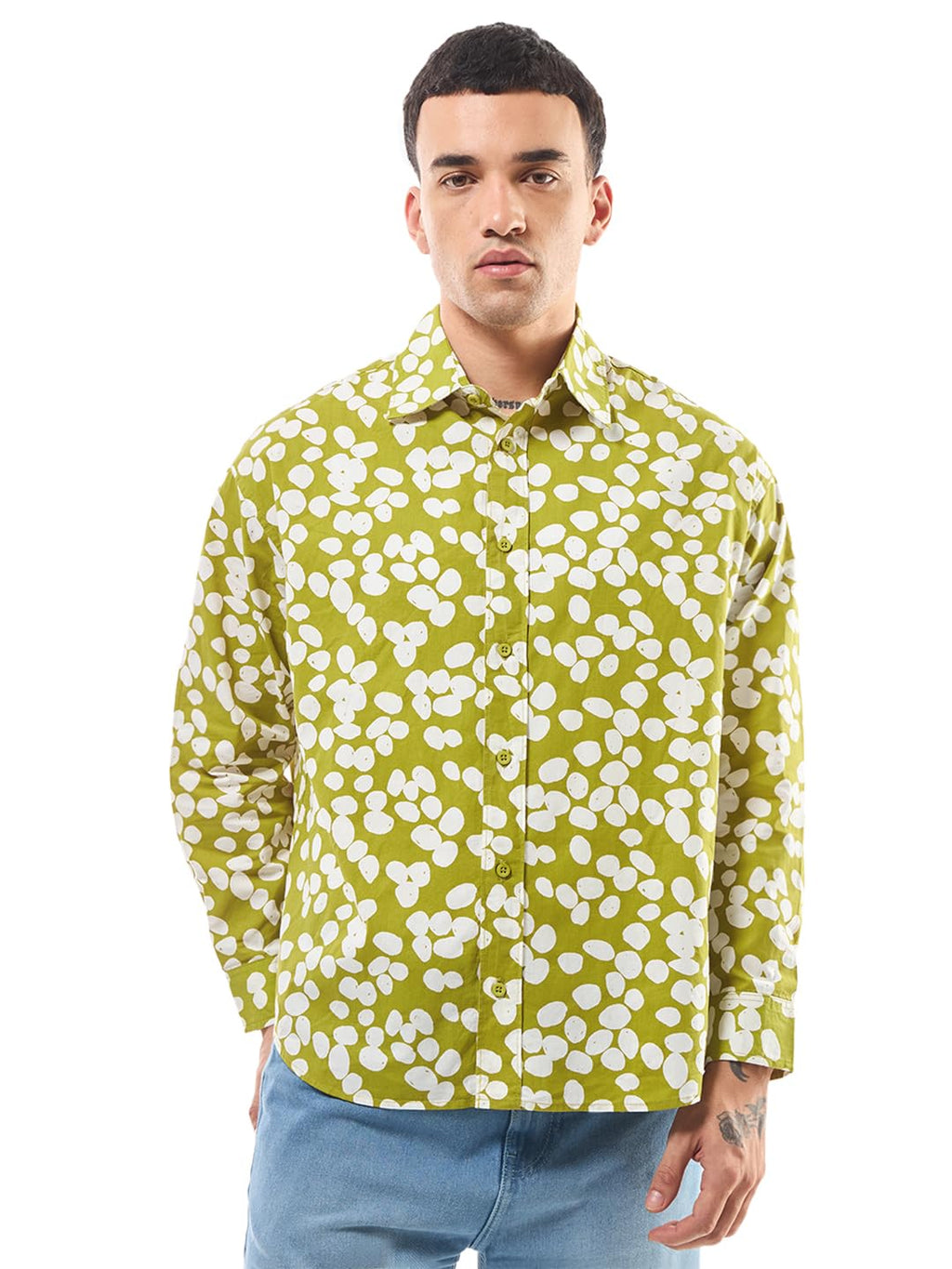 Bewakoof Mens All Over Printed Oversized Fit Full Sleeve Spread Collar Cotton Shirt_ 620467 Yellow S