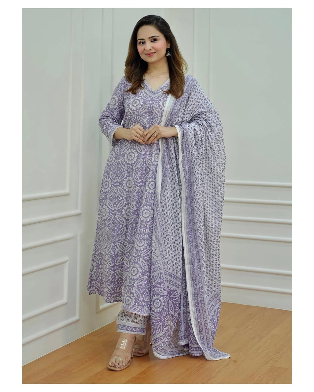 ANNI DESIGNER Womens Cotton Blend Floral Straight Kurta with Pant & Dupatta (Nihira_Purple_Small)