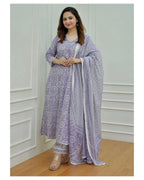 ANNI DESIGNER Womens Cotton Blend Floral Straight Kurta with Pant & Dupatta (Nihira_Purple_Small)