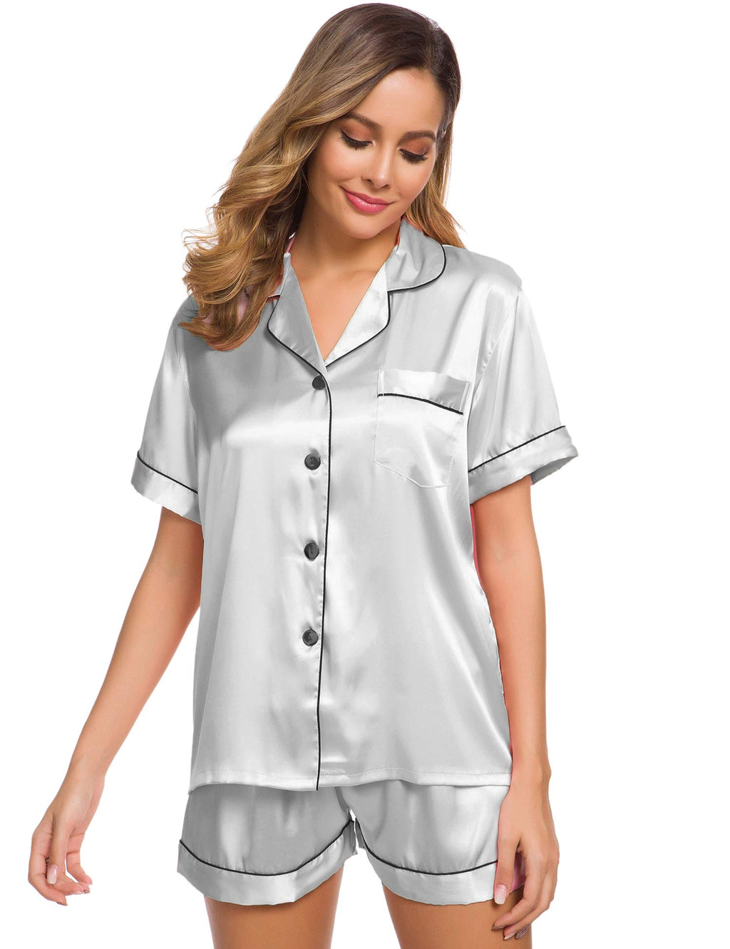 SWOMOG Womens Silk Satin Pajamas Set Two-piece Pj Sets Sleepwear Loungewear Button-Down Pj Sets Grey