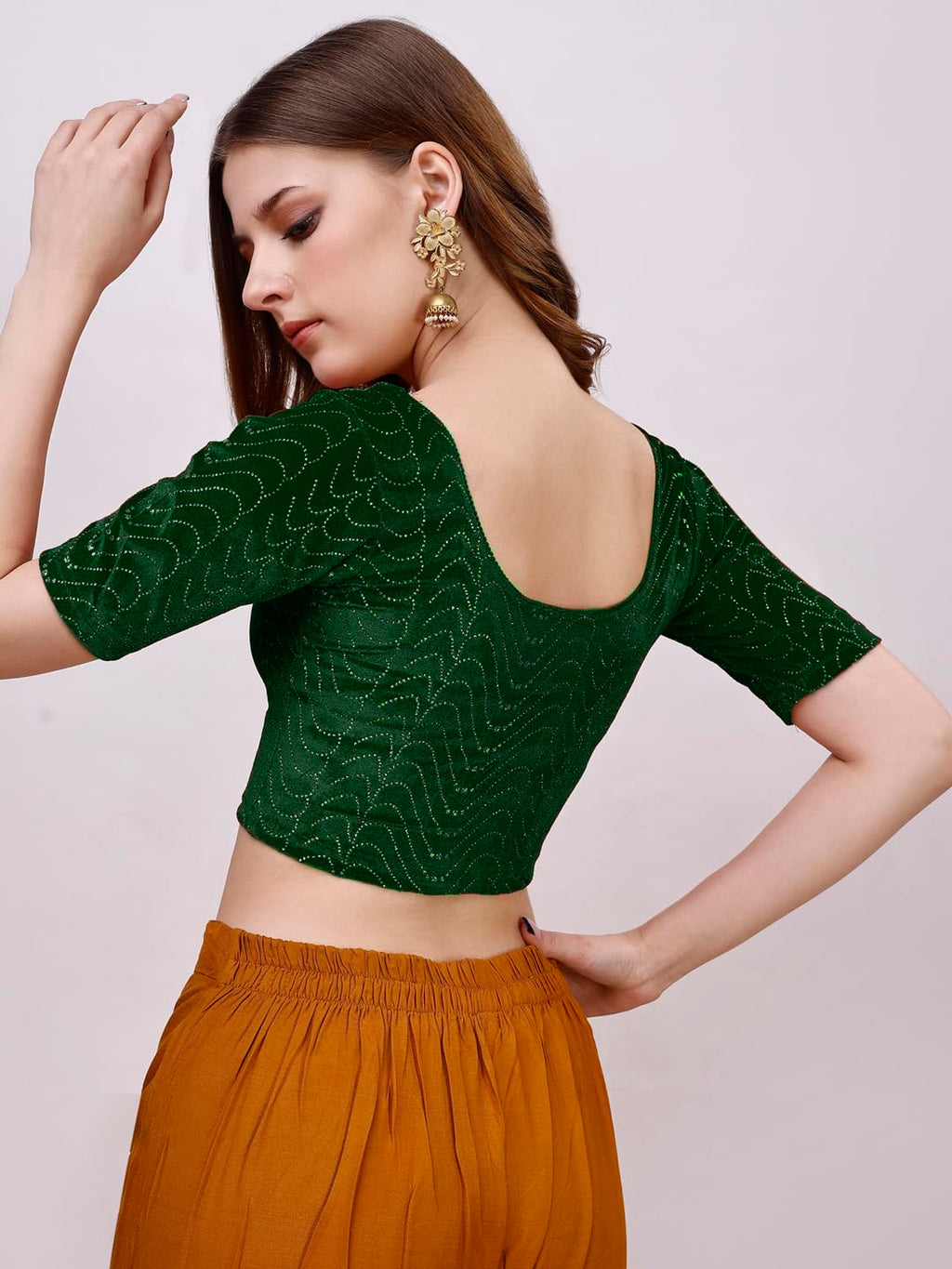 Pujia Mills WomenS Readymade Hosiery Velvet Lycra Stretchable Round Neck Half Sleeve Blouse With Jari Work Fancy Green Color Ly
