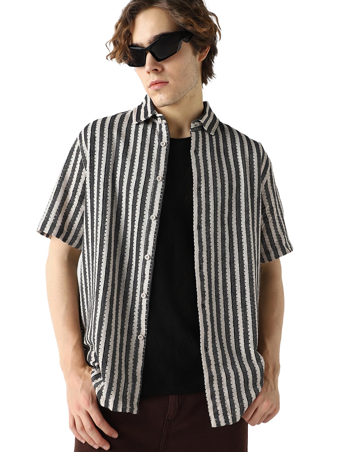 Bewakoof Mens Striped Oversized Fit Half Sleeve Collar Lace Shirt_646391_Off White_S