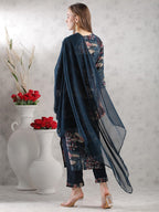 ANNI DESIGNER Women s Printed Rayon Blend Kurta with Pants and Dupatta, Blue, S