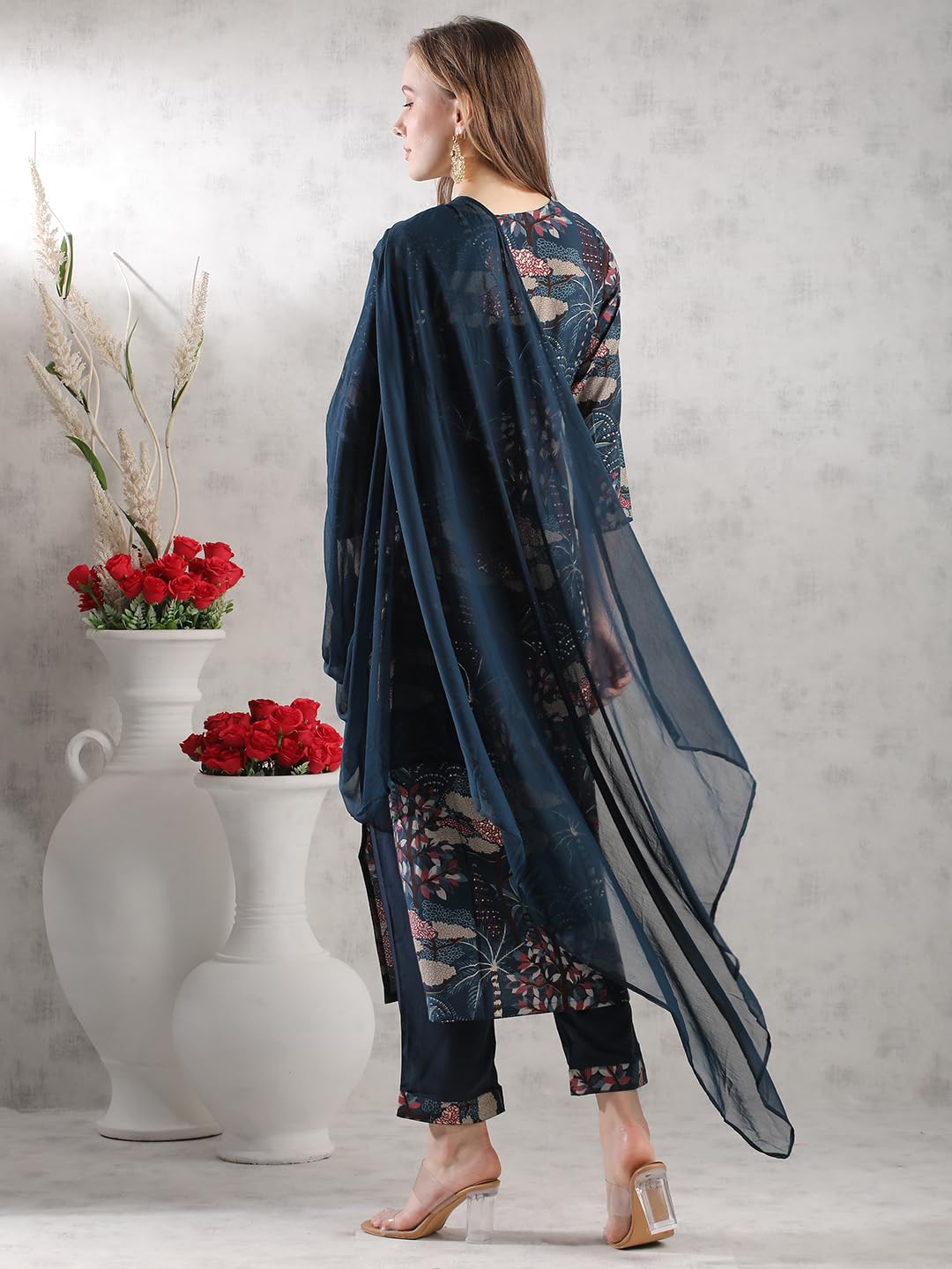 ANNI DESIGNER Women s Printed Rayon Blend Kurta with Pants and Dupatta, Blue, S
