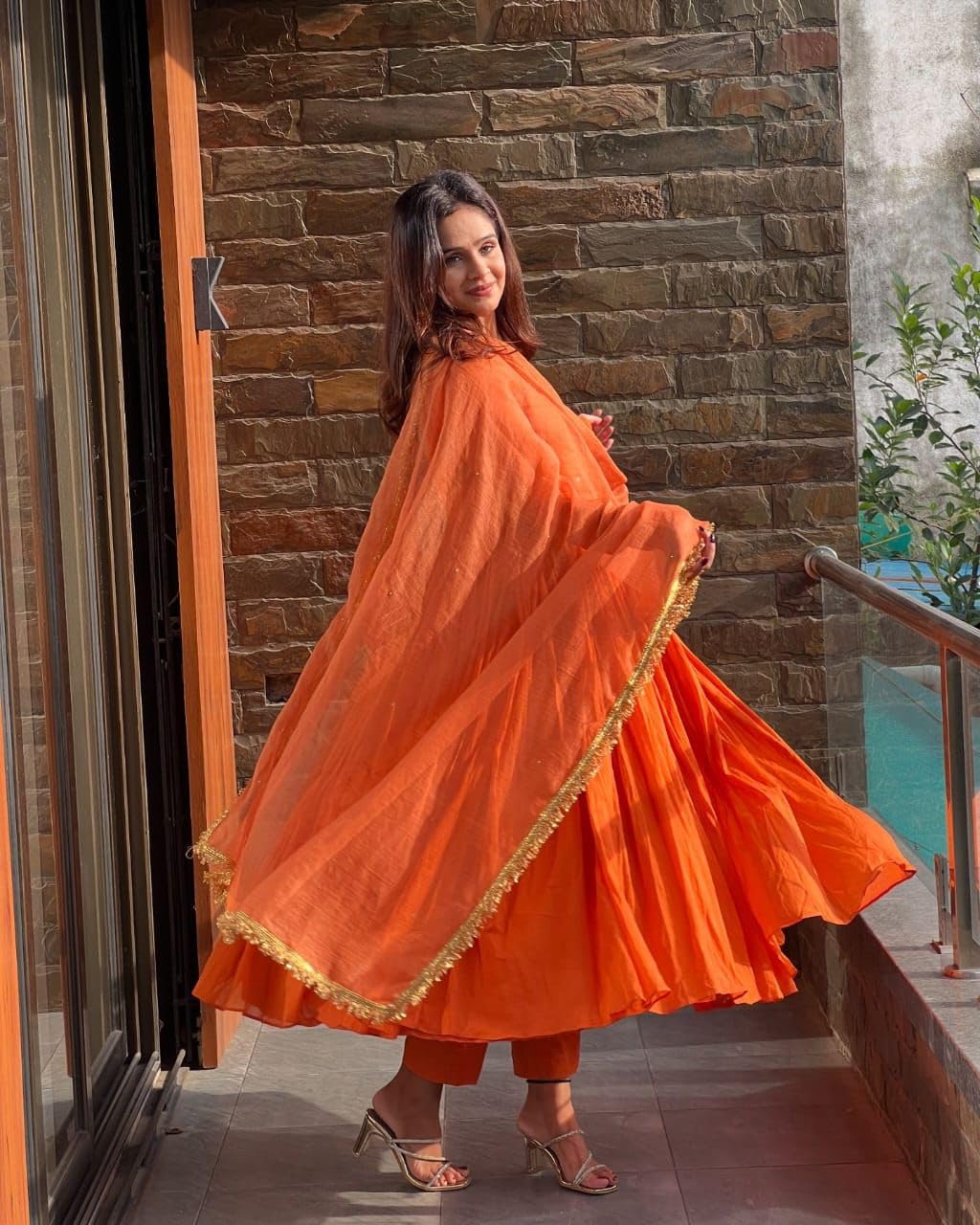 ANNI DESIGNER Womens Rayon Blend Anarkali Solid Kurta with Pant & Dupatta (Garbo Orange_3XL_Orange_XXX-Large)