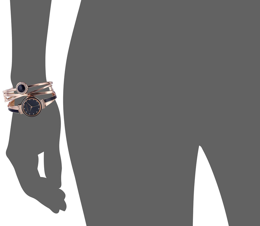 Anne Klein Women's AK/3292NVST Premium Crystal Accented Rose Gold-Tone and Navy Blue Watch and Bangle Set