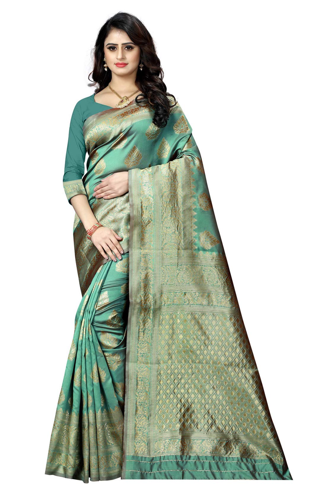 Shasmi Womens Designer Kanchipuram Banarasi Silk Blend Jacquard Woven Design Sarees (Rama Green and Golden)