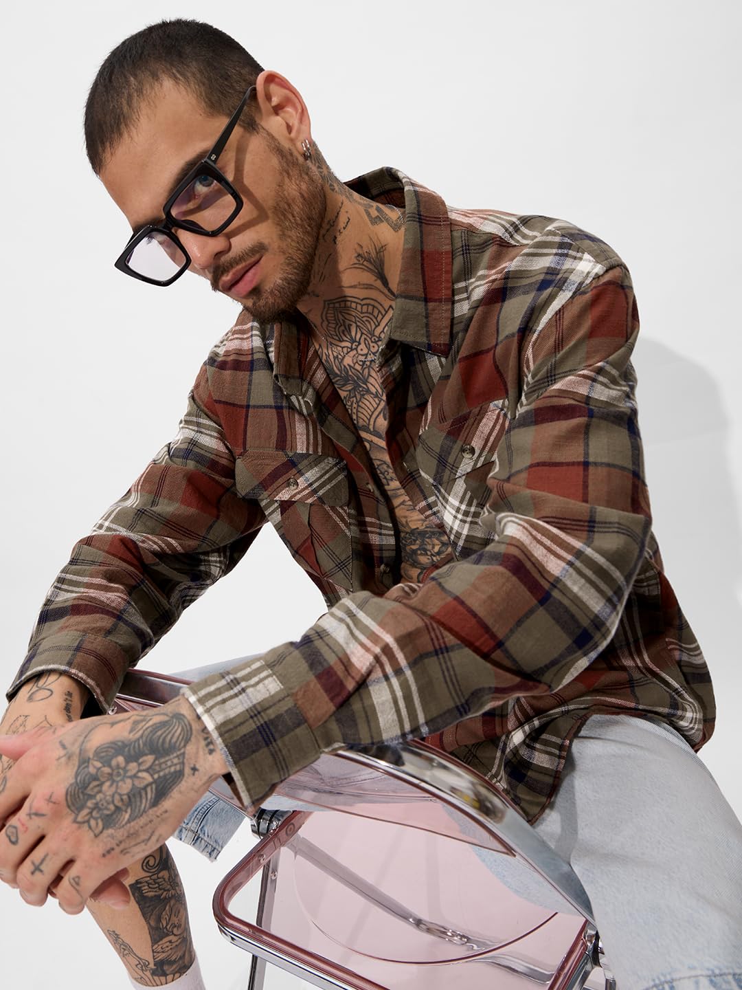 The Souled Store Plaid Originals: Brown, Rust, Black Men and Boys Long Sleeve Collared Neck Regular Fit Cotton Button Down Utili