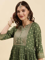 Rangita Green Silk Calf Length Embroidered Anarkali Kurti For Women | Kurta For Women