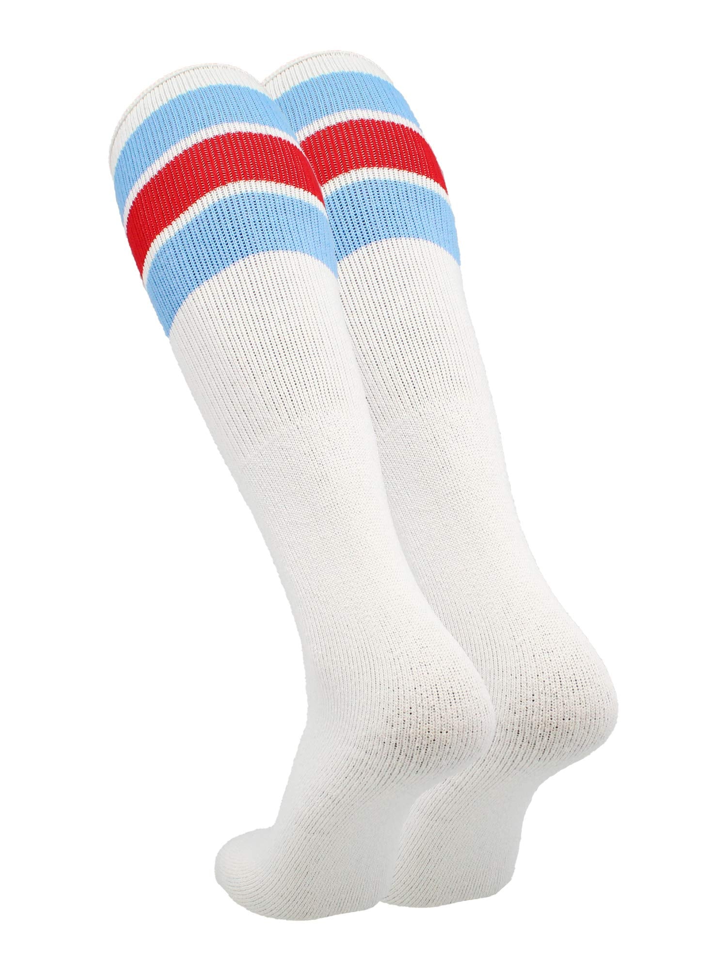 TCK Retro 3 Stripe Tube Socks (Columbia Blue/Scarlet, Large)