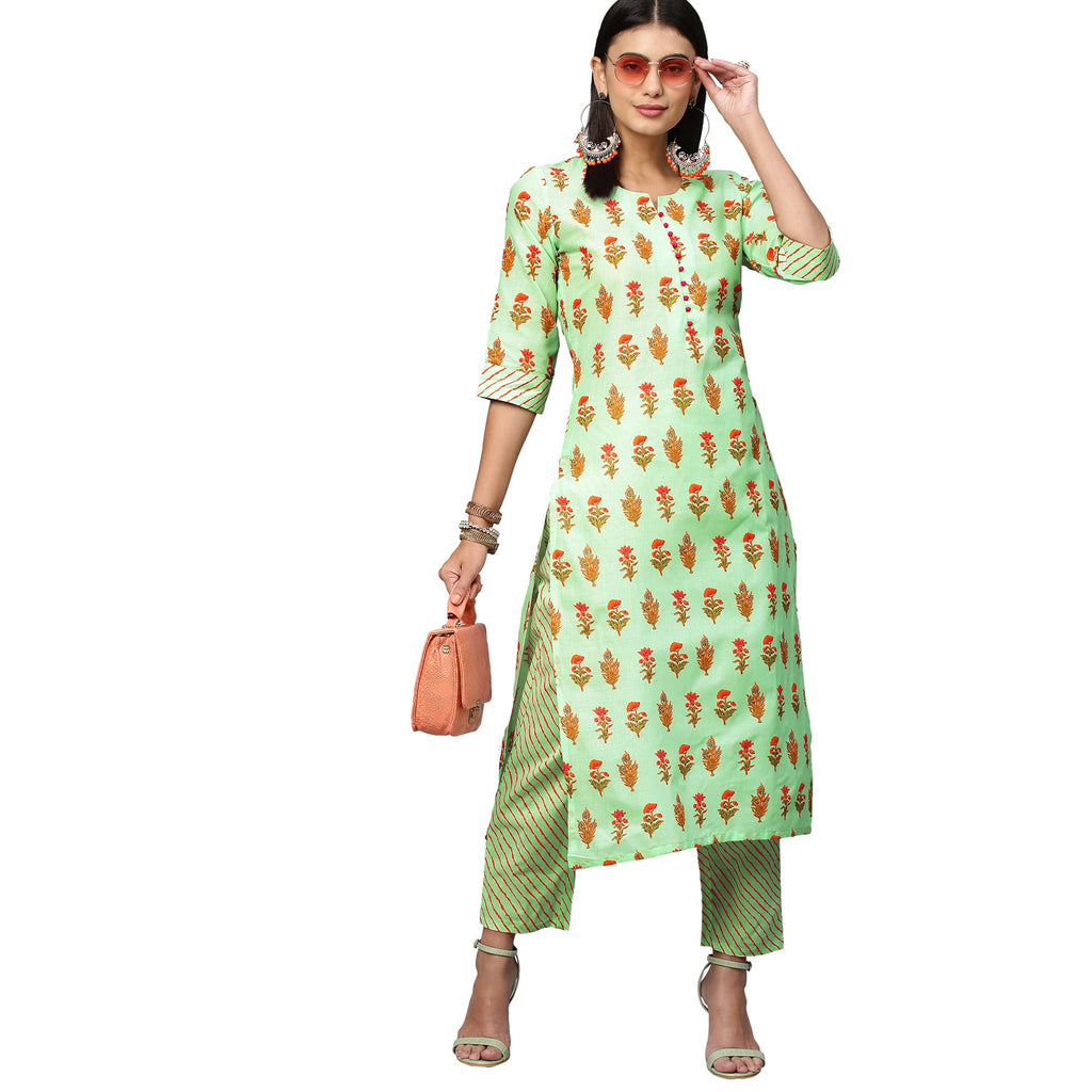 ANNI DESIGNER Women's Cotton Blend Straight Printed Kurta with Pant (Carto Green_L_Green_Large)