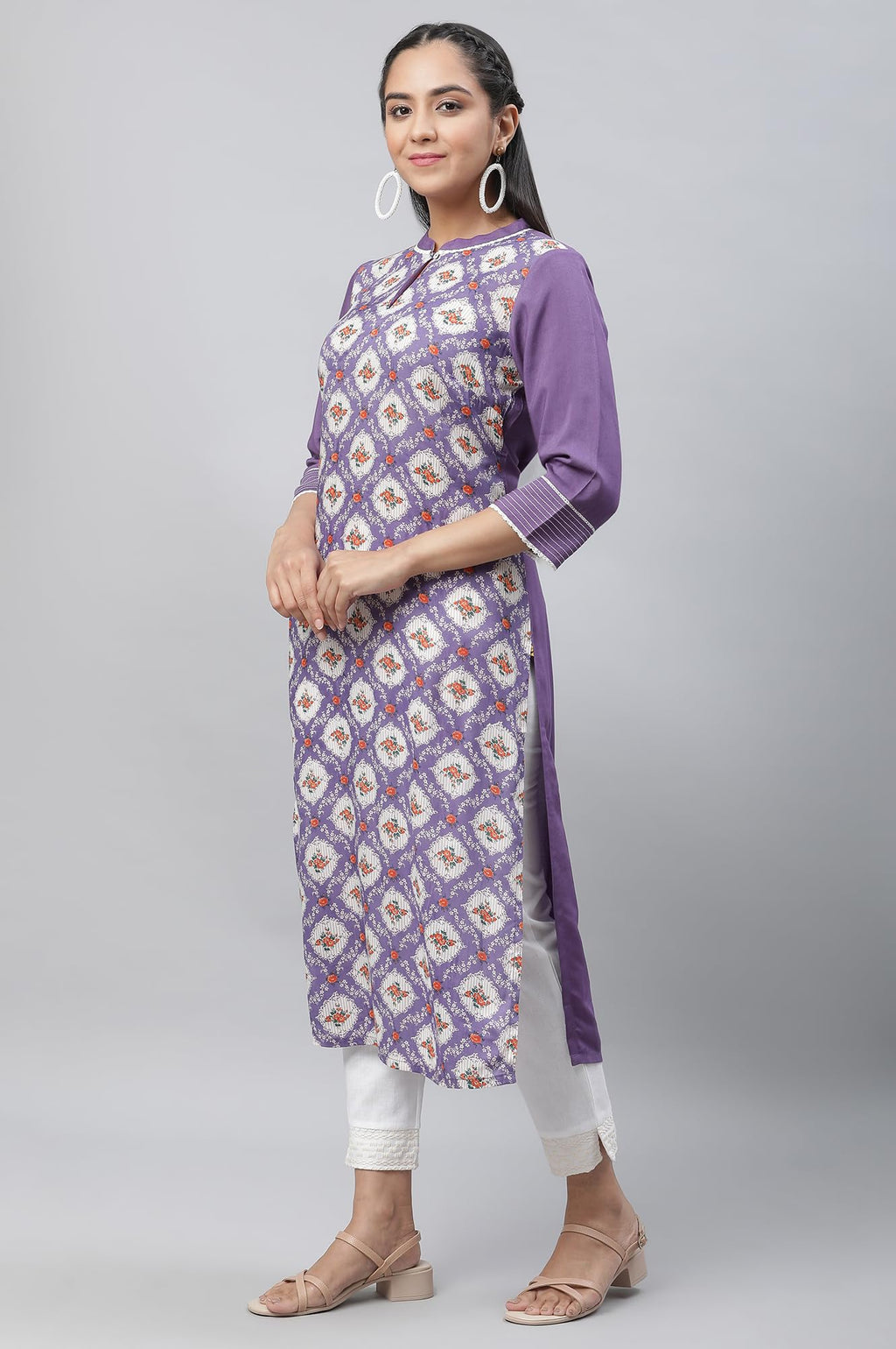 Aurelia Purple Floral Printed Printed Lace Straight Long Kurta