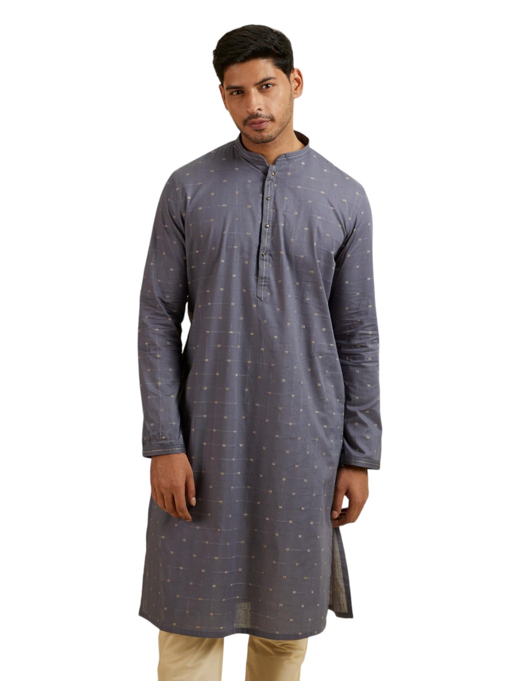 Manyavar Mens Cotton Jacquard Embroidered Kurta Pyjama Set (Grey,XL)