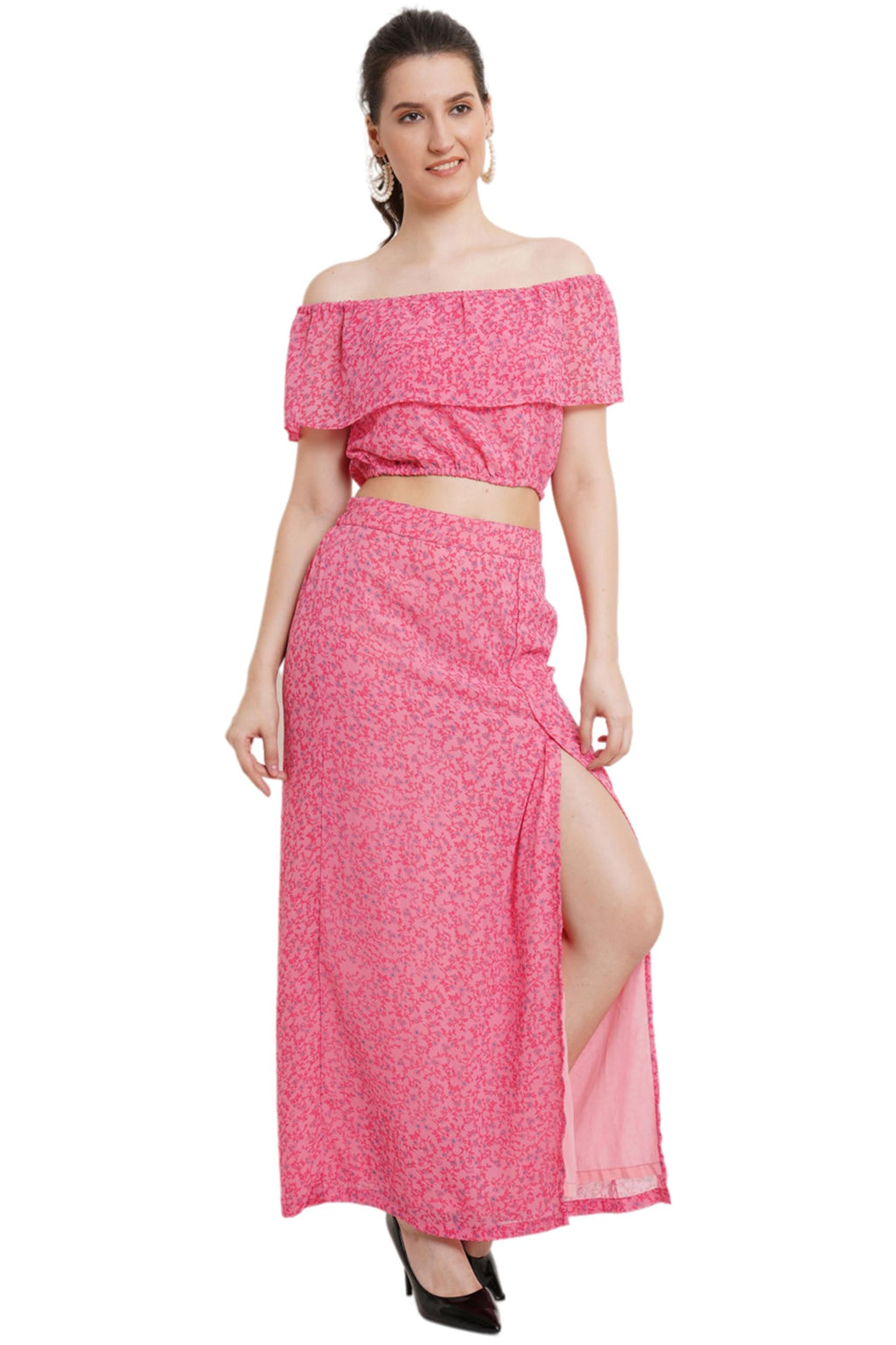 POPWINGS Casual Floral Printed Off-Shoulder Crop Top and Long Slit Skirt Co-Ord Set for Women || Co-Ords Set for Women Stylish W