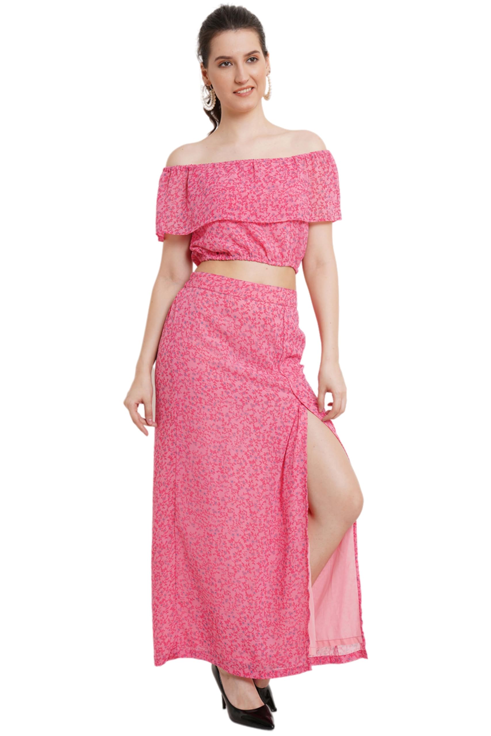 POPWINGS Casual Floral Printed Off-Shoulder Crop Top and Long Slit Skirt Co-Ord Set for Women || Co-Ords Set for Women Stylish W