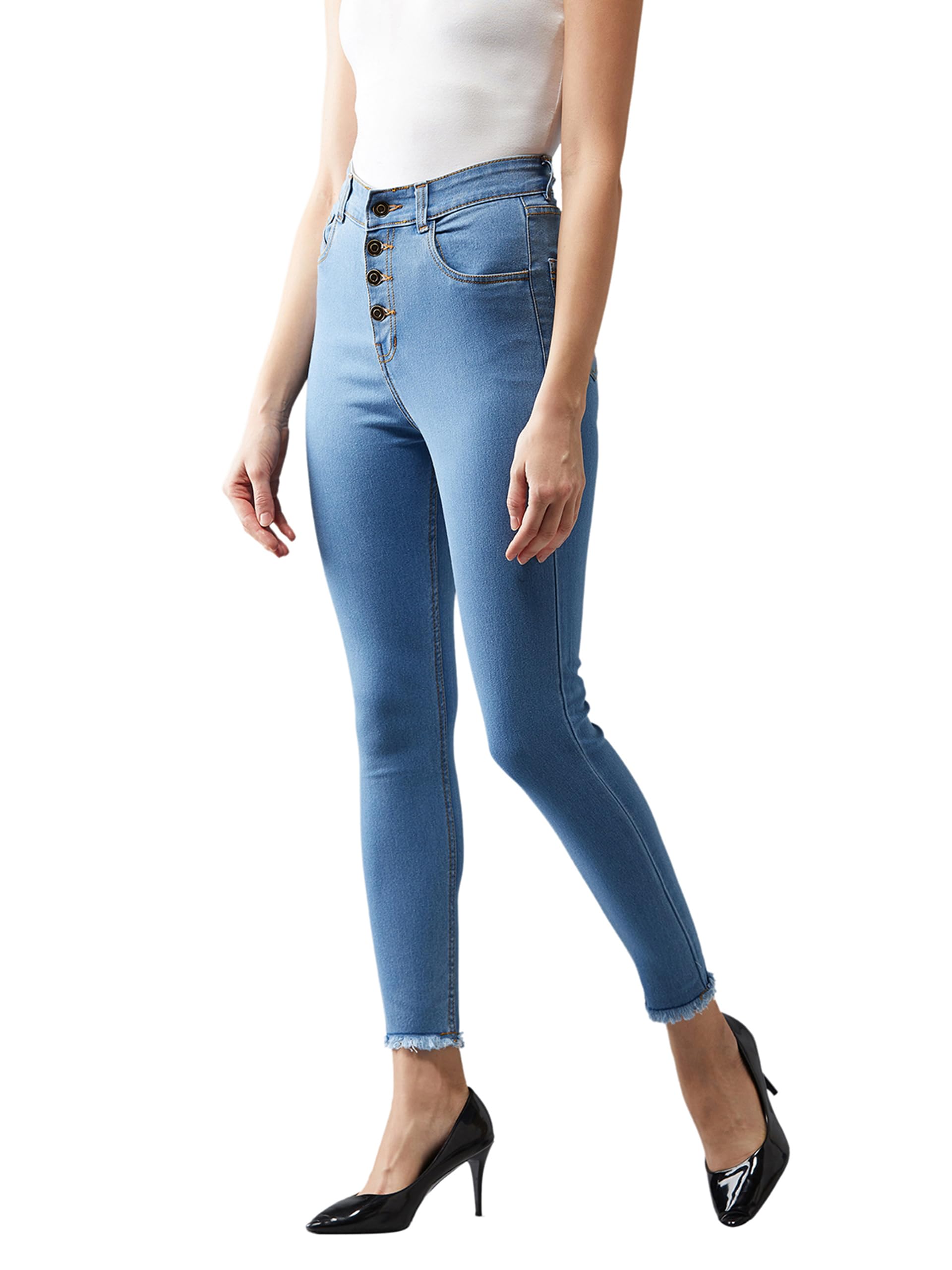 Dolce Crudo Womens Skinny High Rise Cropped Fringed Hemline Detailing Stretchable Denim Jeans (DOAW25DEN64-74-578-28, Independe