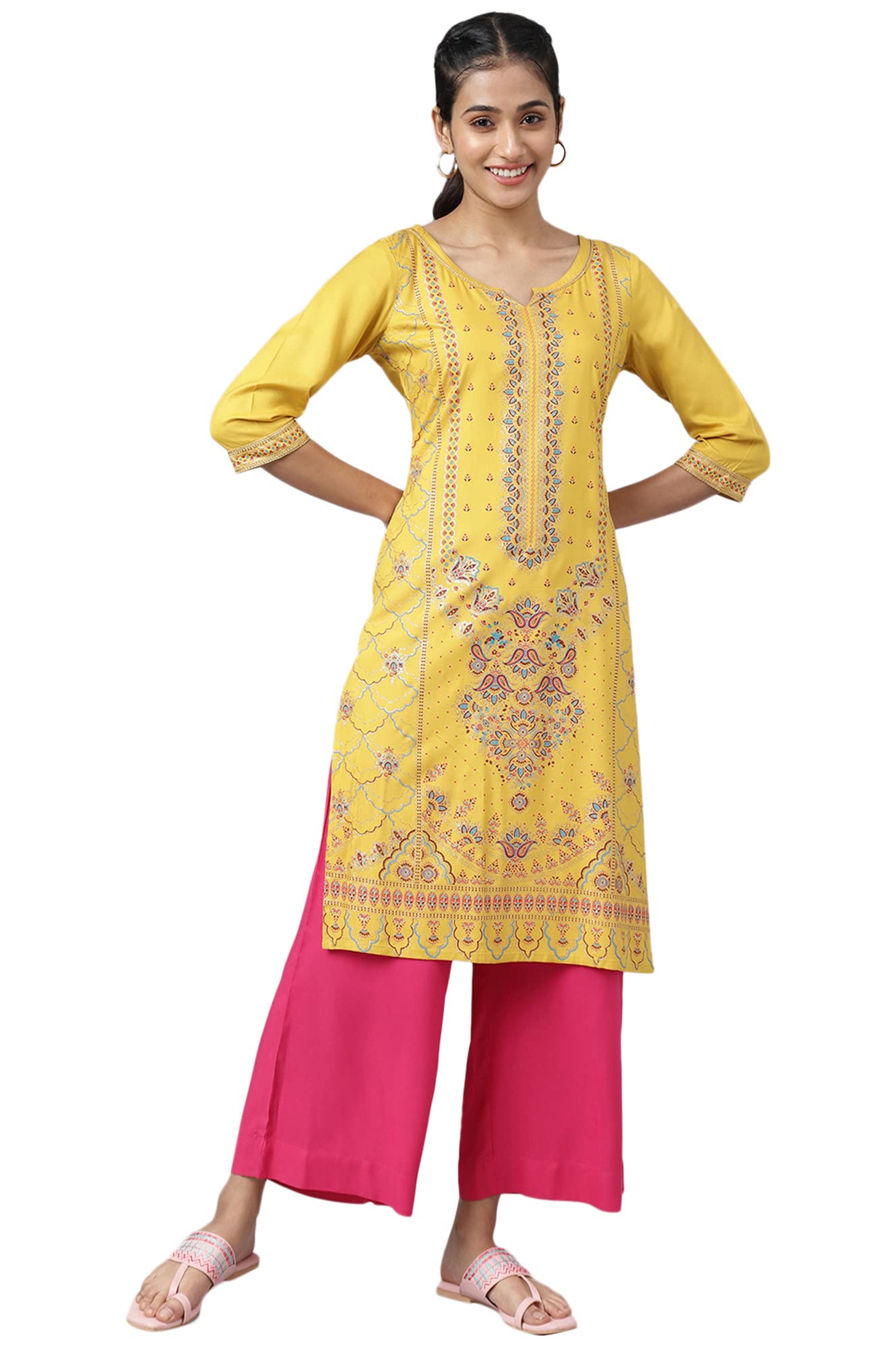 Aurelia Women Ochre Rayon Floral Printed Straight Regular Fit Kurta_22Aua13485-505439_S,Brown