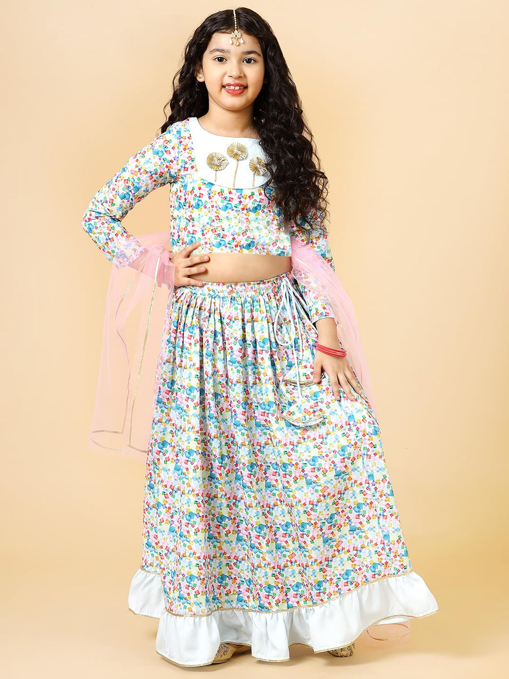 A.T.U.N. (All Things Uber Nice) Girls Blue Cube Printed Lehenga Set